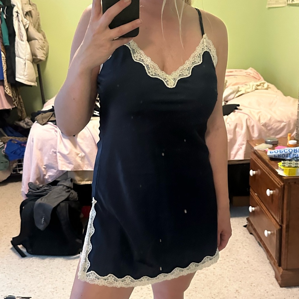 Brandy Melville open tie back navy silk and lace slip dress